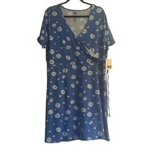 NWT SO Blue Daisy Print Faux Wrap Tie Dress Size 2X